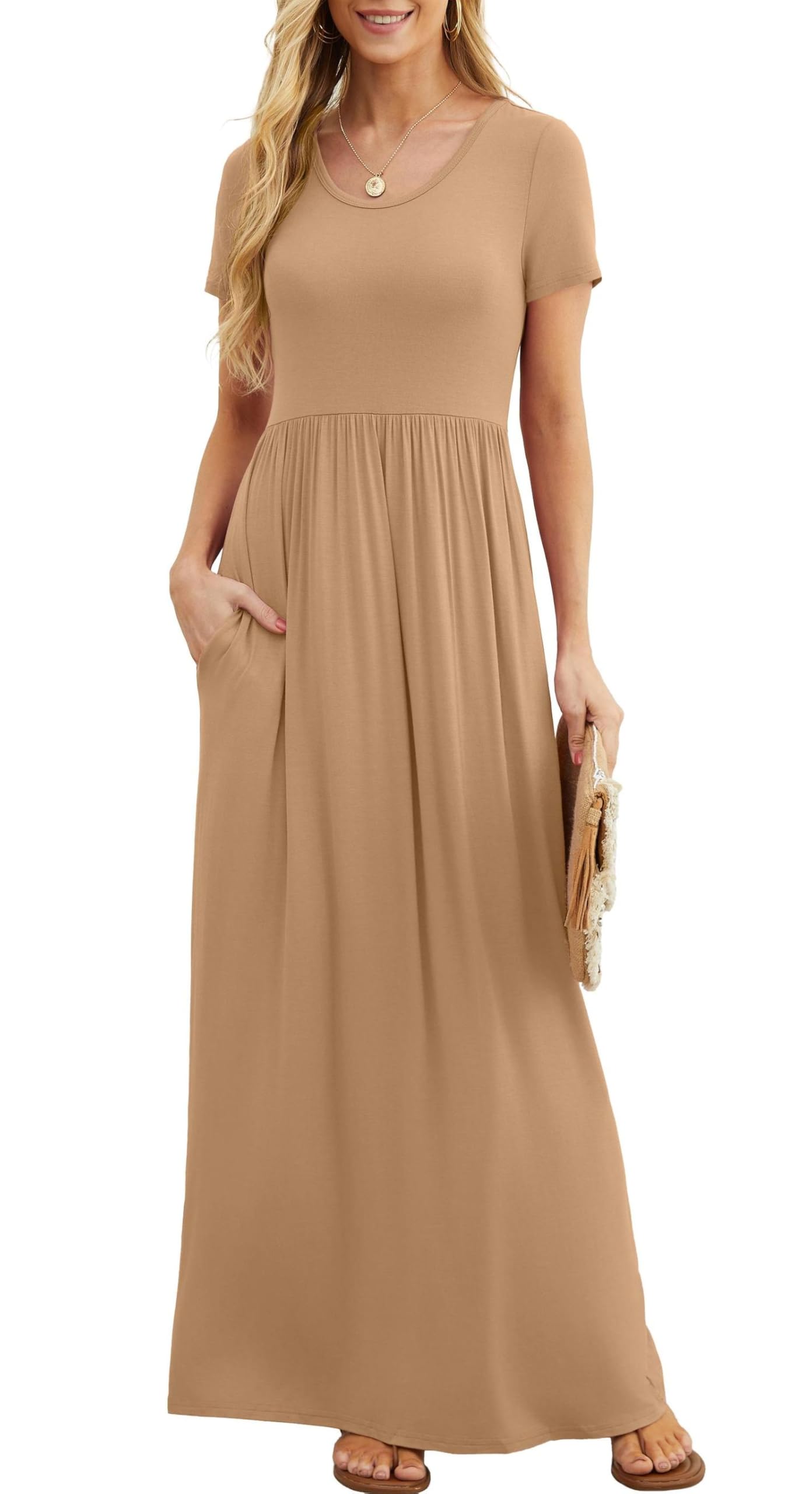Bridget Maxi Dress for Women – Solid Round Neck, Flowing Fit & High Waist with Pockets Summer