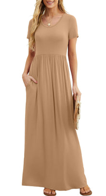 Bridget Maxi Dress for Women – Solid Round Neck, Flowing Fit & High Waist with Pockets Summer