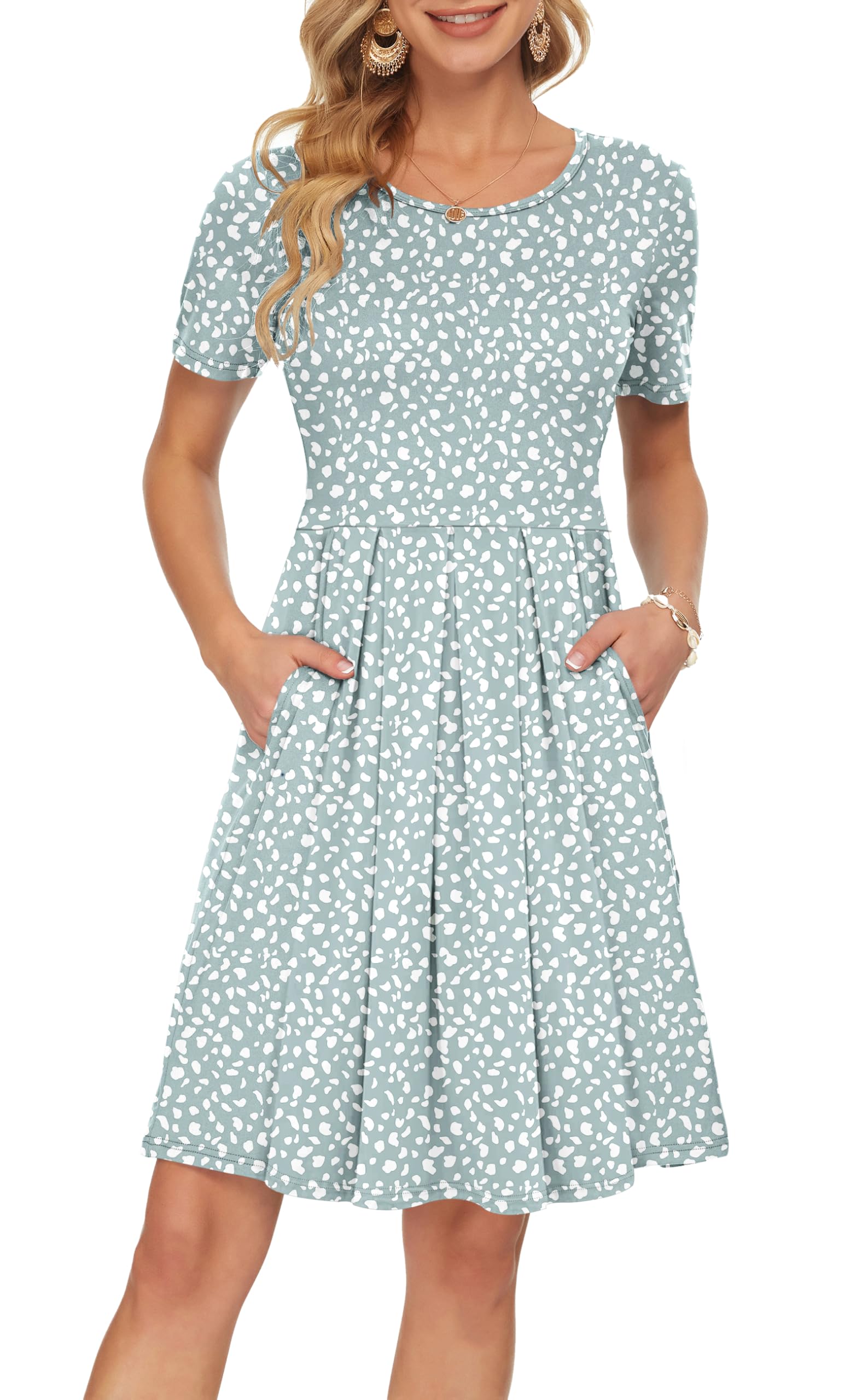 Sylphine Women's Dress – Short Sleeves, Loose Pleated Fit & Knee-Length Pockets