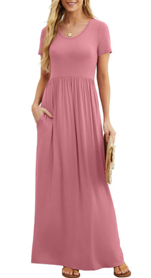 Bridget Maxi Dress for Women – Solid Round Neck, Flowing Fit & High Waist with Pockets Summer