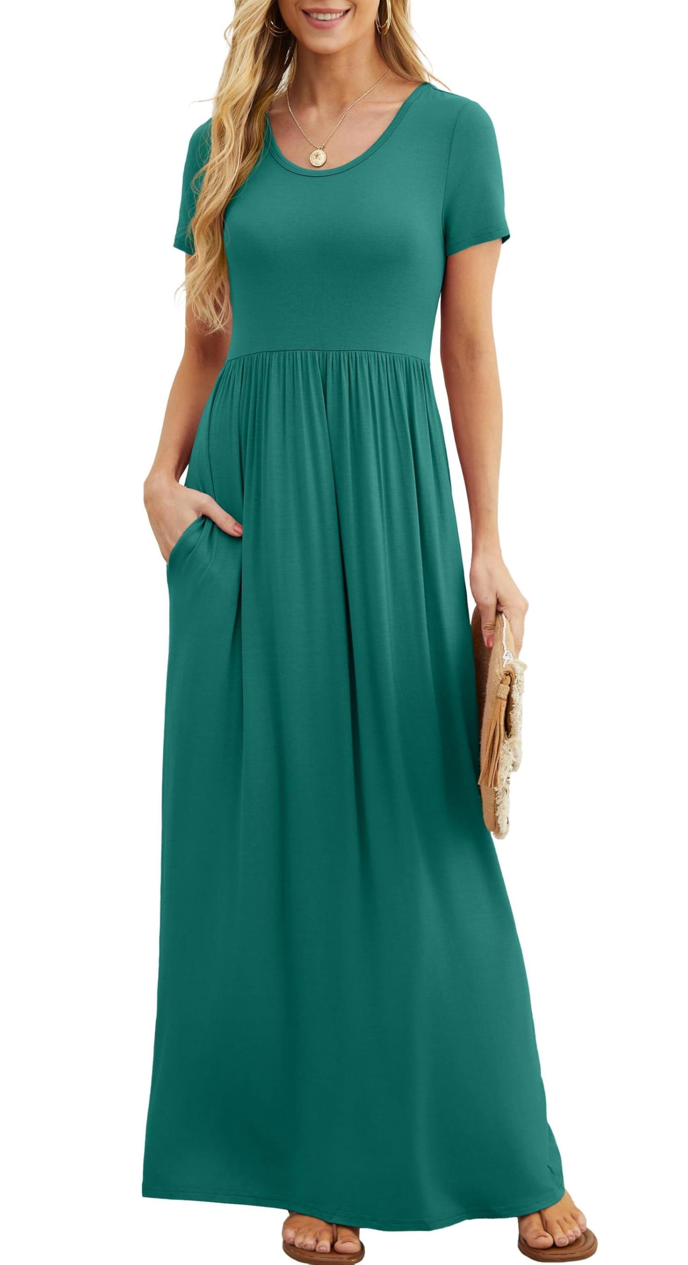 Bridget Maxi Dress for Women – Solid Round Neck, Flowing Fit & High Waist with Pockets Summer