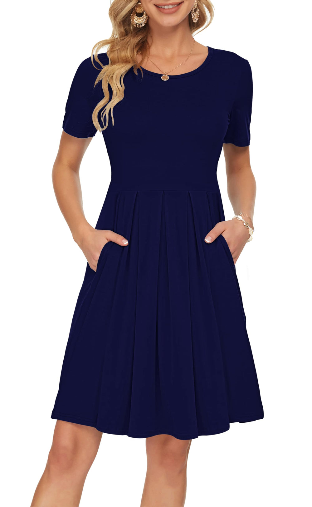 Sylphine Women's Dress – Short Sleeves, Loose Pleated Fit & Knee-Length Pockets