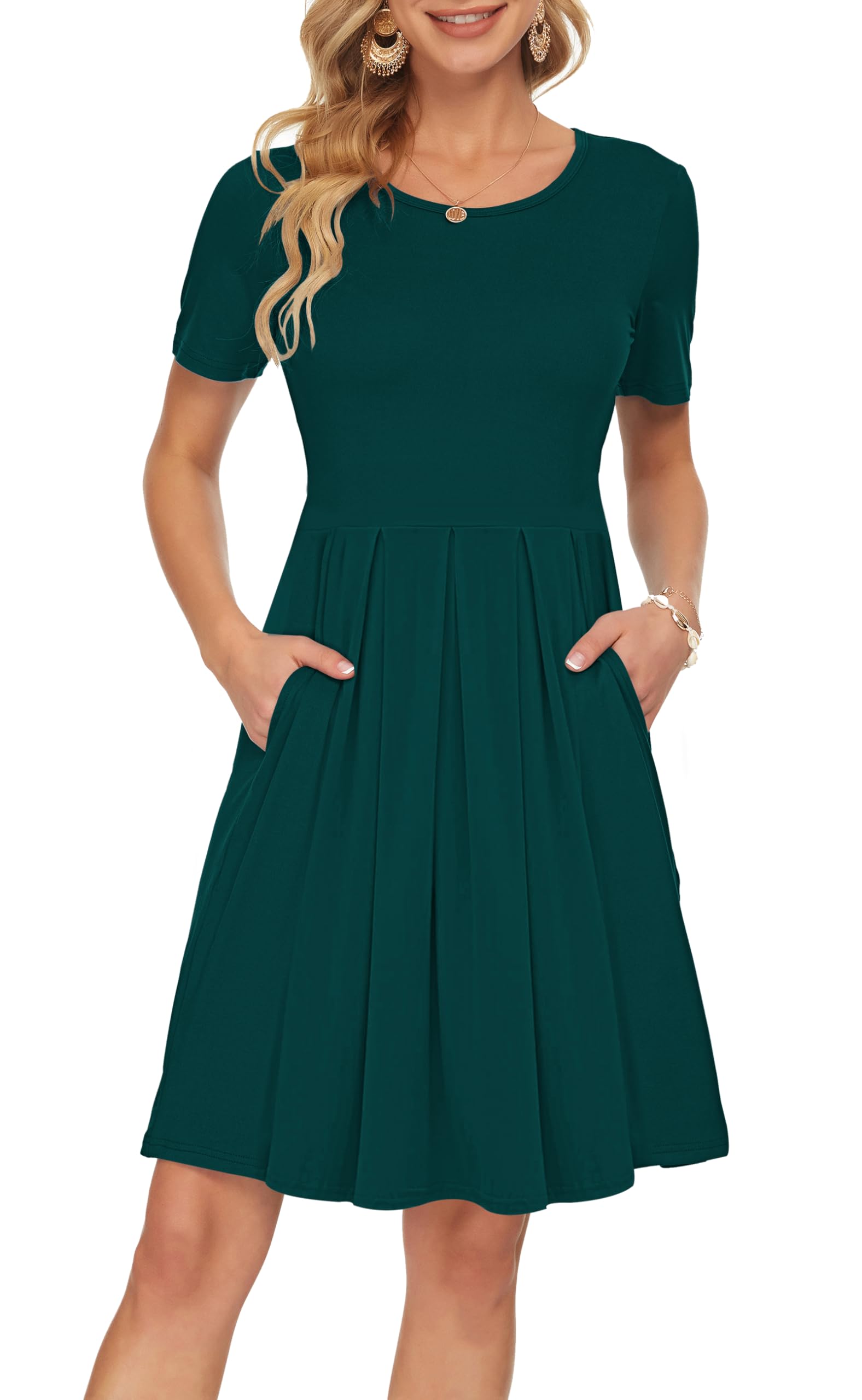 Sylphine Women's Dress – Short Sleeves, Loose Pleated Fit & Knee-Length Pockets