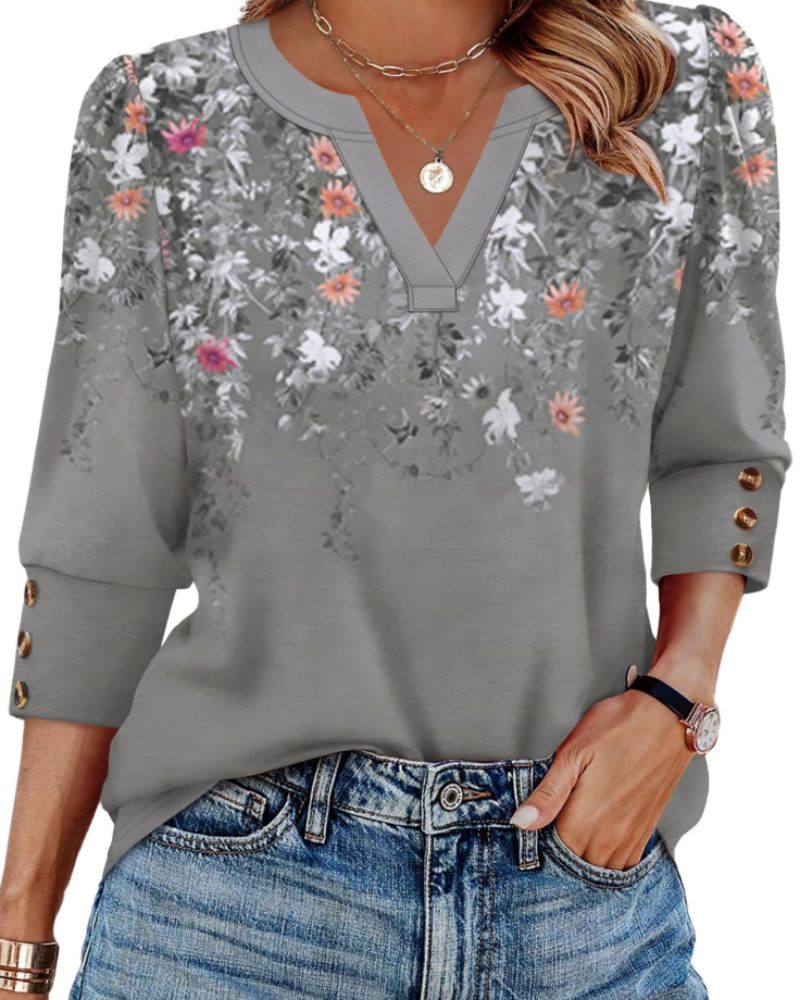 Zeline Women's Blouse – V-Neck Top with 3/4 Sleeves, Buttons & Business Casual Style