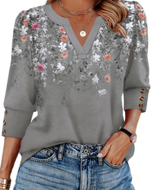 Zeline Women's Blouse – V-Neck Top with 3/4 Sleeves, Buttons & Business Casual Style