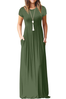 Bridget Maxi Dress for Women – Solid Round Neck, Flowing Fit & High Waist with Pockets Summer