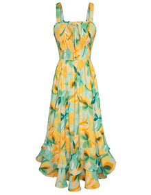 Mildred Women's Maxi Dress – Square Neck, Straps, Smocked A-Line Cut & Ruffled Hem Summer