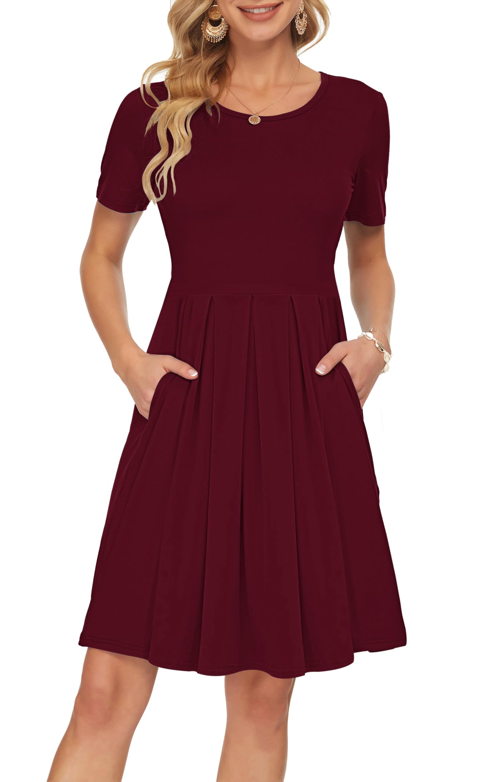 Sylphine Women's Dress – Short Sleeves, Loose Pleated Fit & Knee-Length Pockets