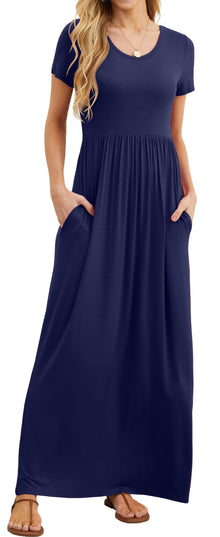 Bridget Maxi Dress for Women – Solid Round Neck, Flowing Fit & High Waist with Pockets Summer