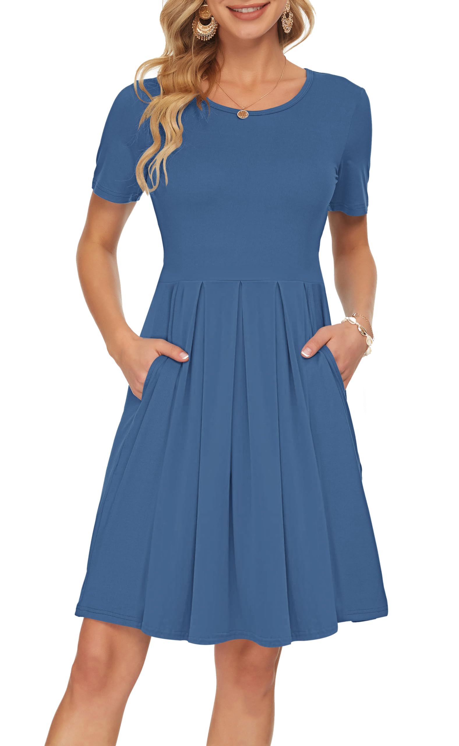 Sylphine Women's Dress – Short Sleeves, Loose Pleated Fit & Knee-Length Pockets