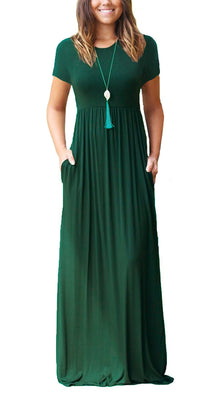 Bridget Maxi Dress for Women – Solid Round Neck, Flowing Fit & High Waist with Pockets Summer