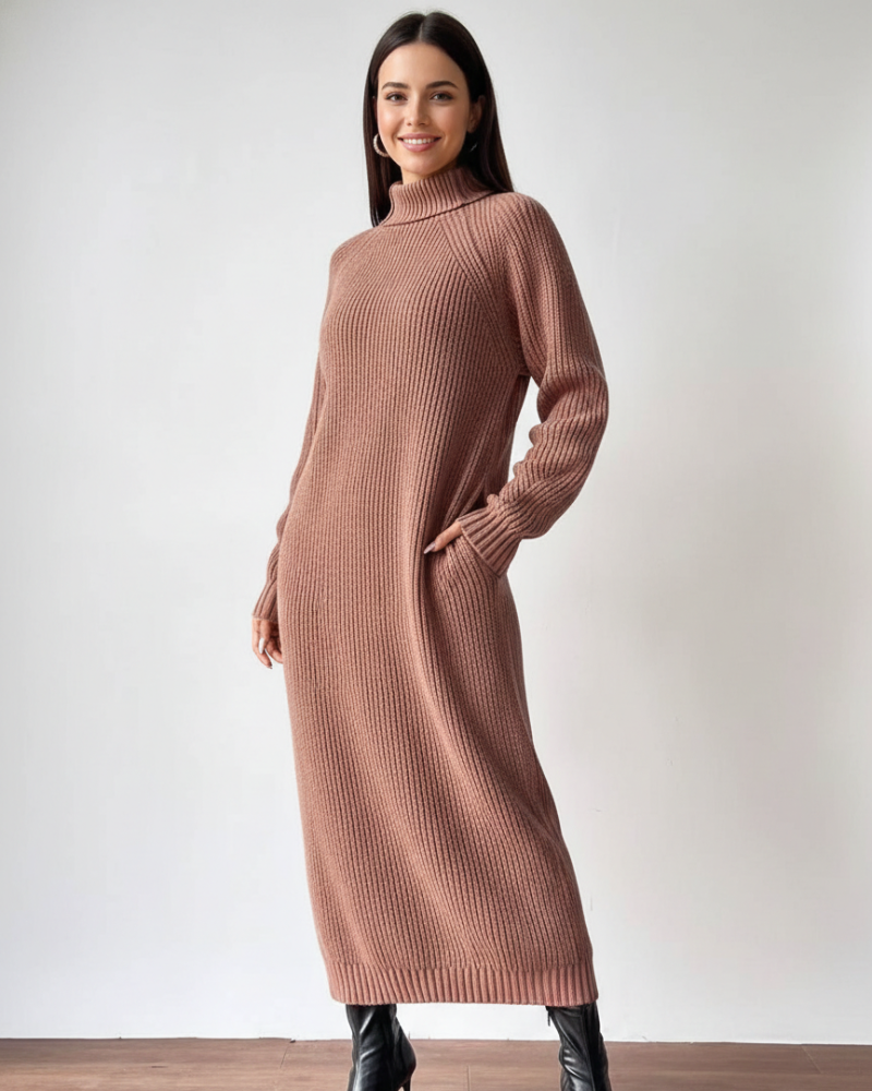 Cozy Long Knitted Dress for Women – Warm Turtleneck & Comfortable Fit