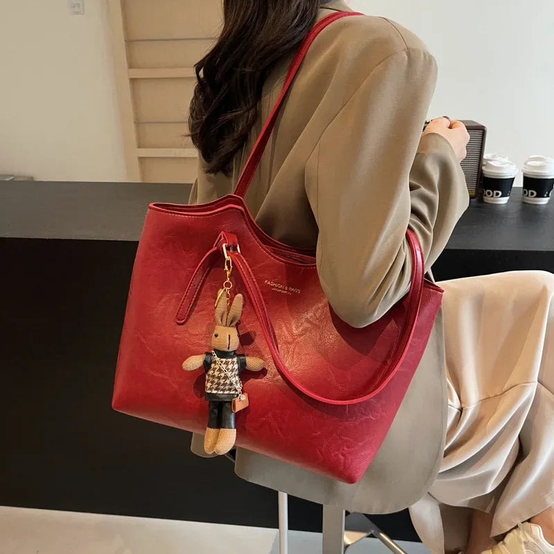 Emma Rustic Edge Tote – Spacious Vintage Vegan Leather Bag with Fancy Pendant