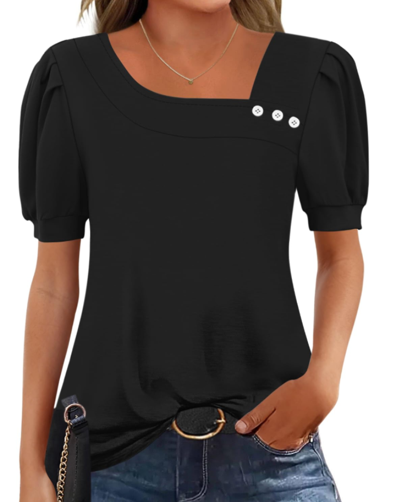 Samira Women's Top – Asymmetrical Square Collar Buttoned Blouse, Elegant Short Sleeves
