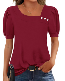 Samira Women's Top – Asymmetrical Square Collar Buttoned Blouse, Elegant Short Sleeves