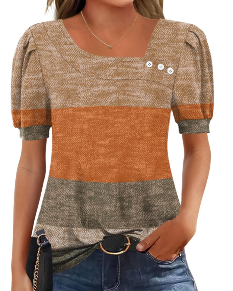 Samira Women's Top – Asymmetrical Square Collar Buttoned Blouse, Elegant Short Sleeves