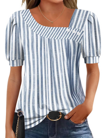 Samira Women's Top – Asymmetrical Square Collar Buttoned Blouse, Elegant Short Sleeves