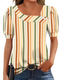 Samira Women's Top – Asymmetrical Square Collar Buttoned Blouse, Elegant Short Sleeves