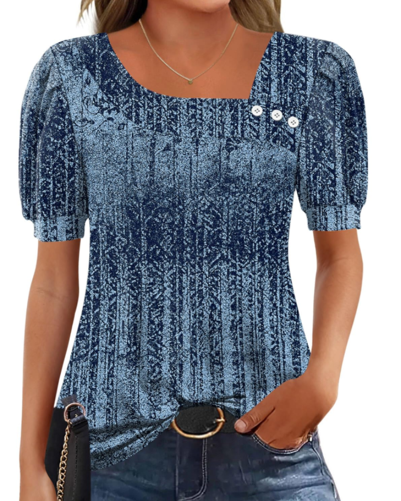 Samira Women's Top – Asymmetrical Square Collar Buttoned Blouse, Elegant Short Sleeves
