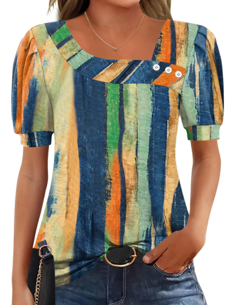 Samira Women's Top – Asymmetrical Square Collar Buttoned Blouse, Elegant Short Sleeves