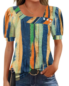 Samira Women's Top – Asymmetrical Square Collar Buttoned Blouse, Elegant Short Sleeves