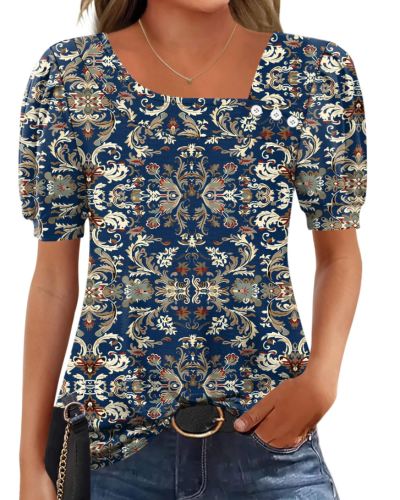 Samira Women's Top – Asymmetrical Square Collar Buttoned Blouse, Elegant Short Sleeves
