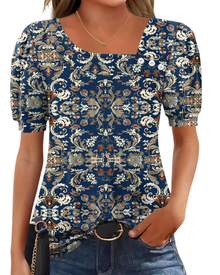 Samira Women's Top – Asymmetrical Square Collar Buttoned Blouse, Elegant Short Sleeves