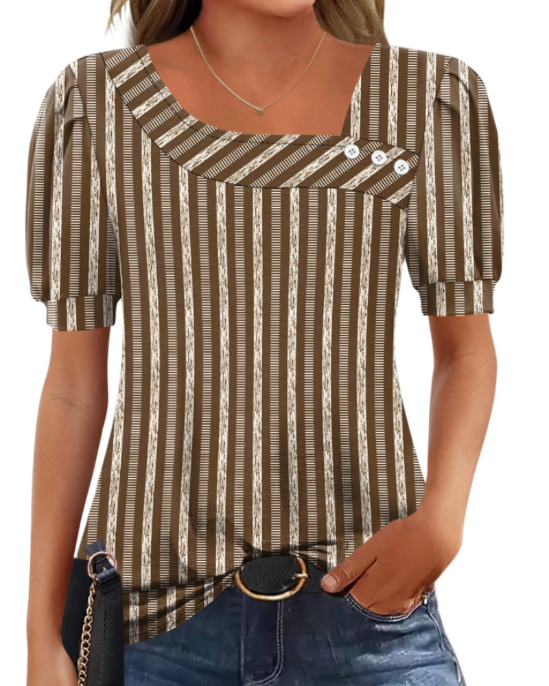 Samira Women's Top – Asymmetrical Square Collar Buttoned Blouse, Elegant Short Sleeves