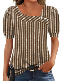 Samira Women's Top – Asymmetrical Square Collar Buttoned Blouse, Elegant Short Sleeves