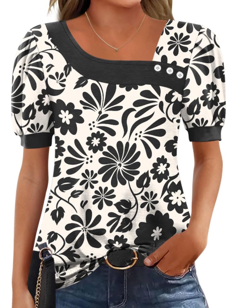 Samira Women's Top – Asymmetrical Square Collar Buttoned Blouse, Elegant Short Sleeves