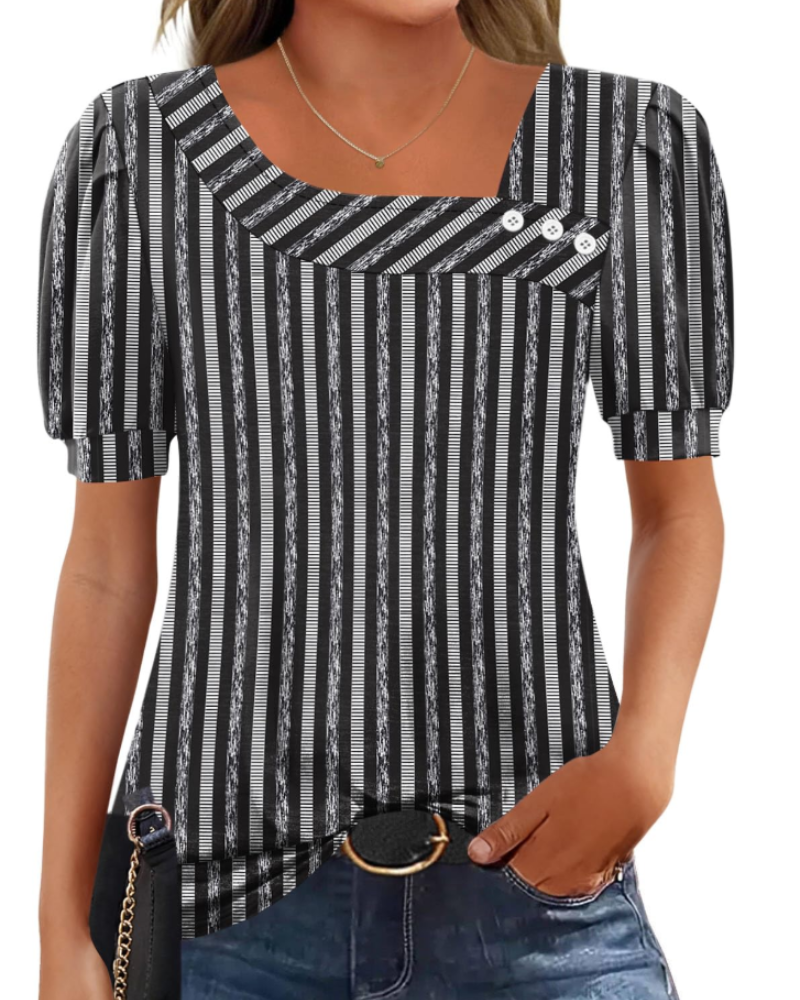 Samira Women's Top – Asymmetrical Square Collar Buttoned Blouse, Elegant Short Sleeves