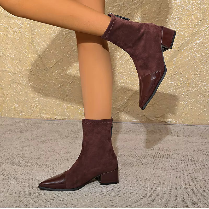 Gracia Women's Ankle Boots – Elegant Suede Boots with Patent Details & Comfortable Block Heel