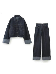Bea Denim Set Women – Short Jacket & Wide Jeans with Contrasting Cuffs for a Trendy Look
