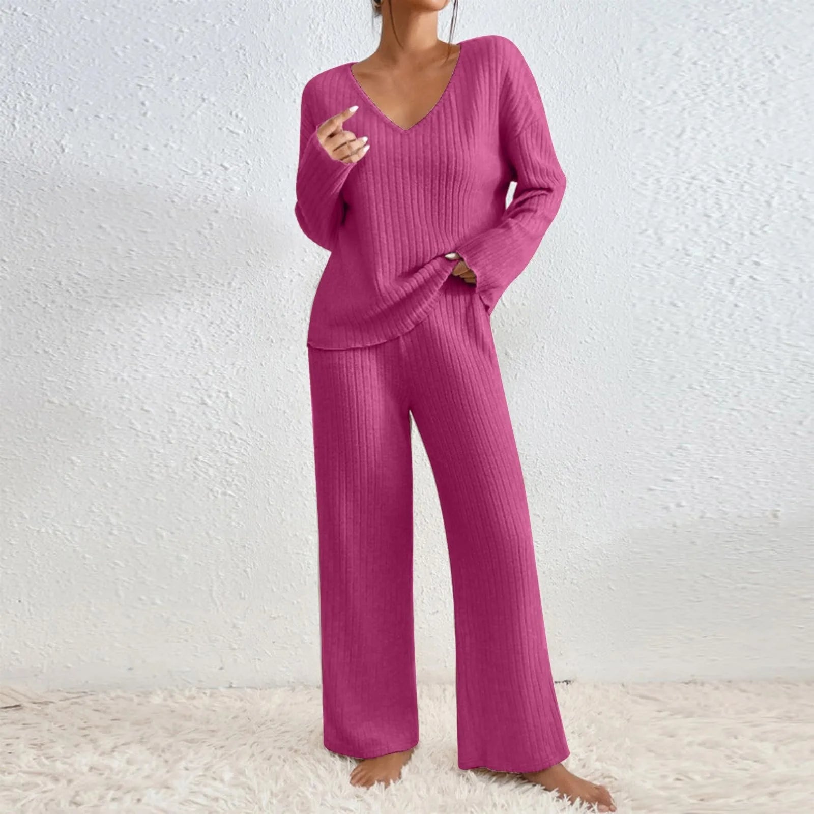Kathy knit set for women – Comfortable loungewear with V-neck sweater and soft pants