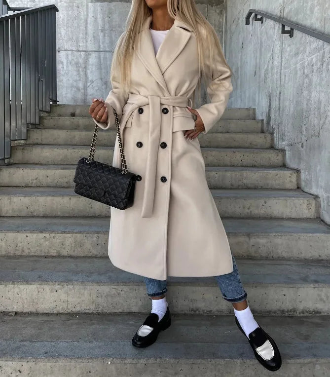 Grace Women's Wool Coat – Long Double-Breasted Coat with Structured Cut & Elegant Style
