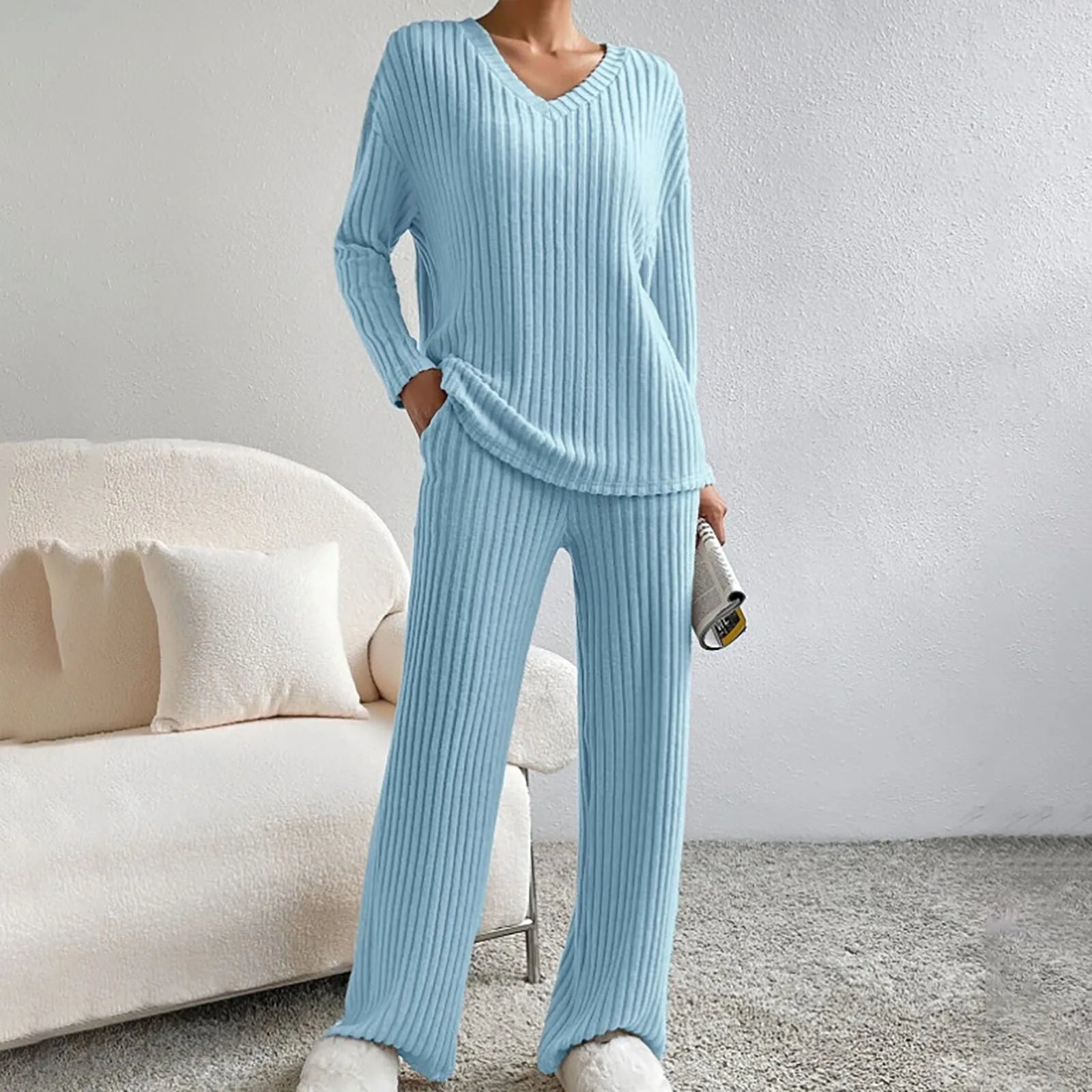 Kathy knit set for women – Comfortable loungewear with V-neck sweater and soft pants