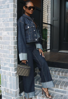 Bea Denim Set Women – Short Jacket & Wide Jeans with Contrasting Cuffs for a Trendy Look