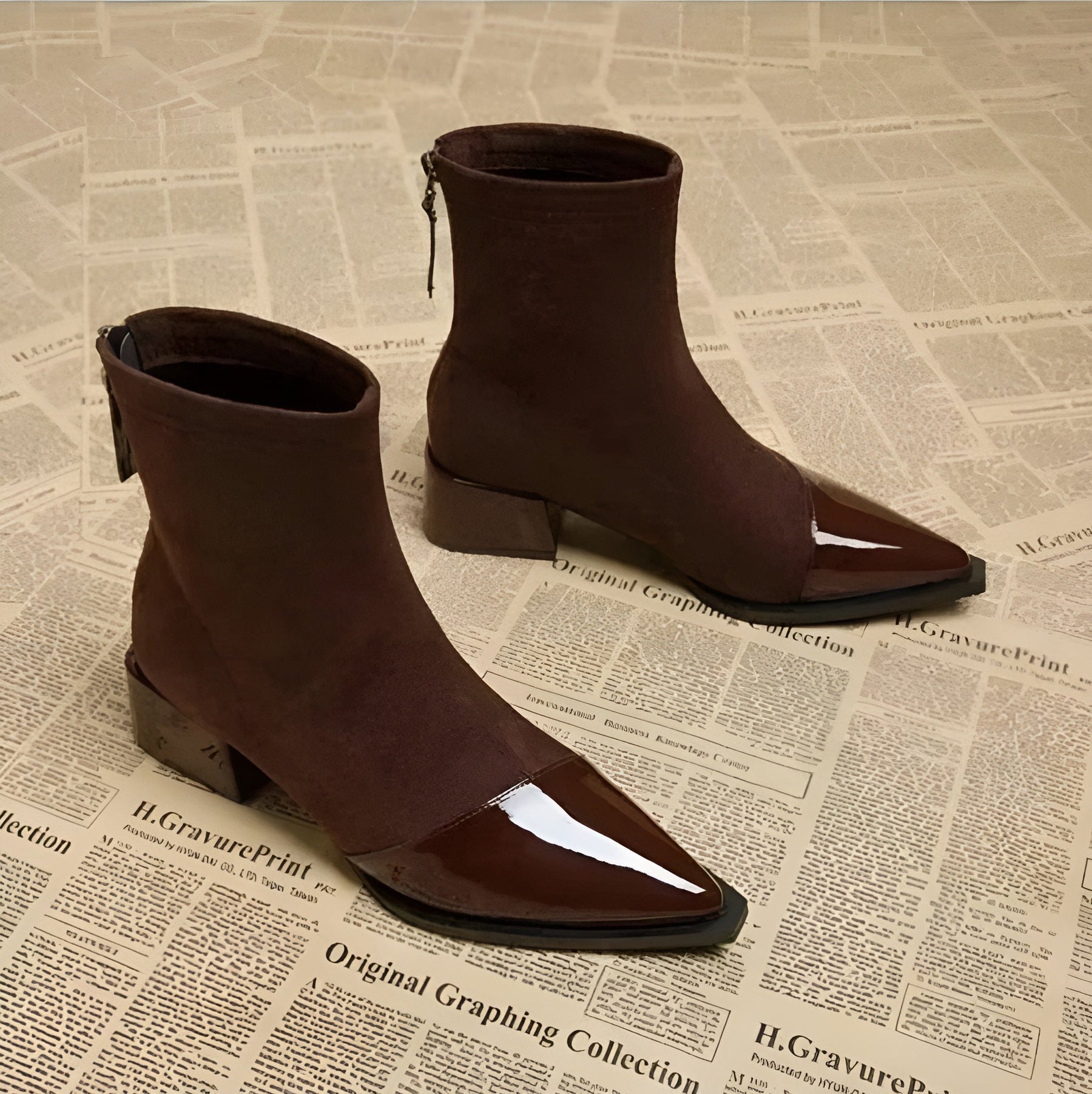 Gracia Women's Ankle Boots – Elegant Suede Boots with Patent Details & Comfortable Block Heel