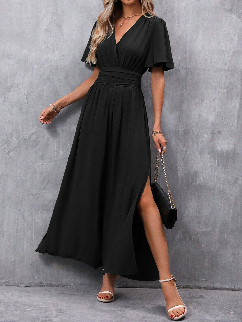 Eliza Long Dress Woman – Elegant Dress with Belt and Flowing Skirt for Luxury Occasions