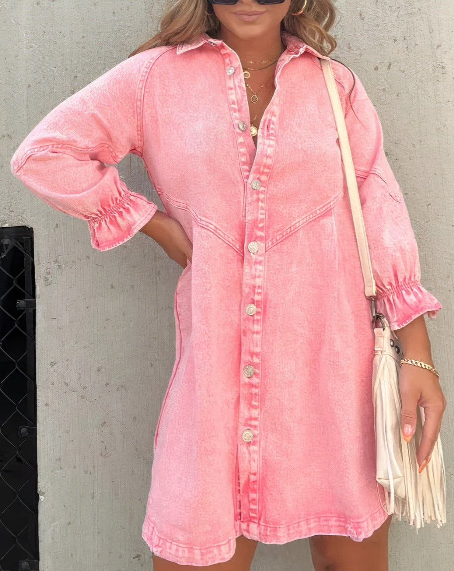 Namy Jean Dress Women – Shirt Dress with Collar, 3/4 Sleeves and Flared Cut