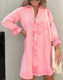 Namy Jean Dress Women – Shirt Dress with Collar, 3/4 Sleeves and Flared Cut