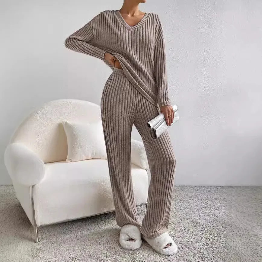 Kathy knit set for women – Comfortable loungewear with V-neck sweater and soft pants