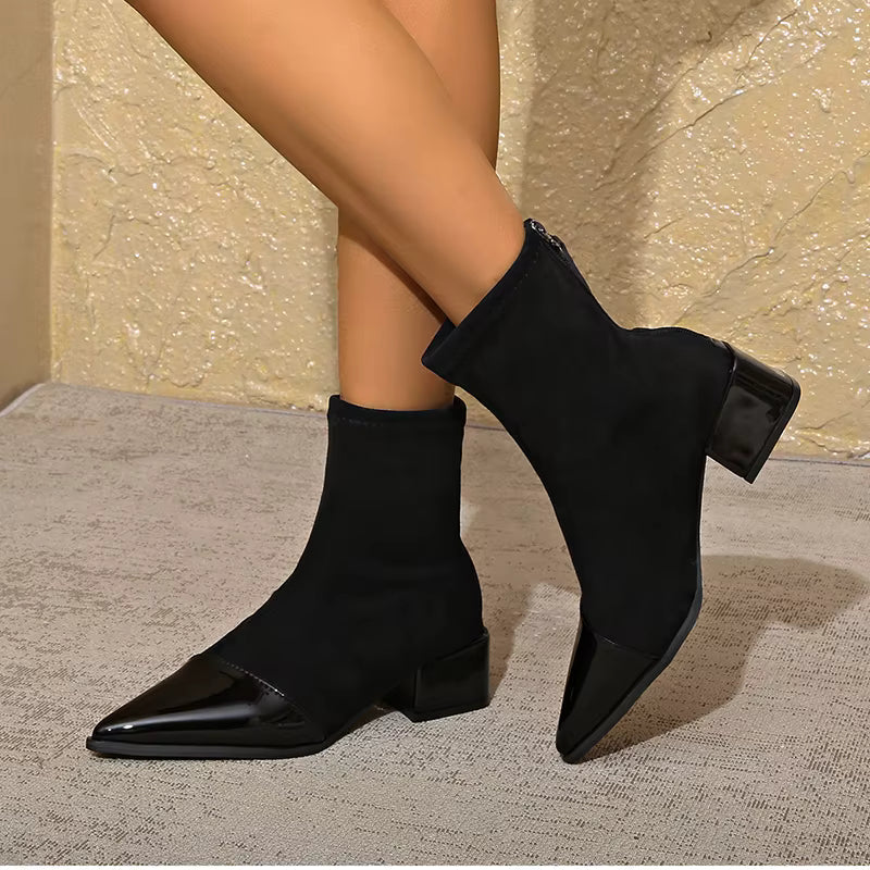 Gracia Women's Ankle Boots – Elegant Suede Boots with Patent Details & Comfortable Block Heel