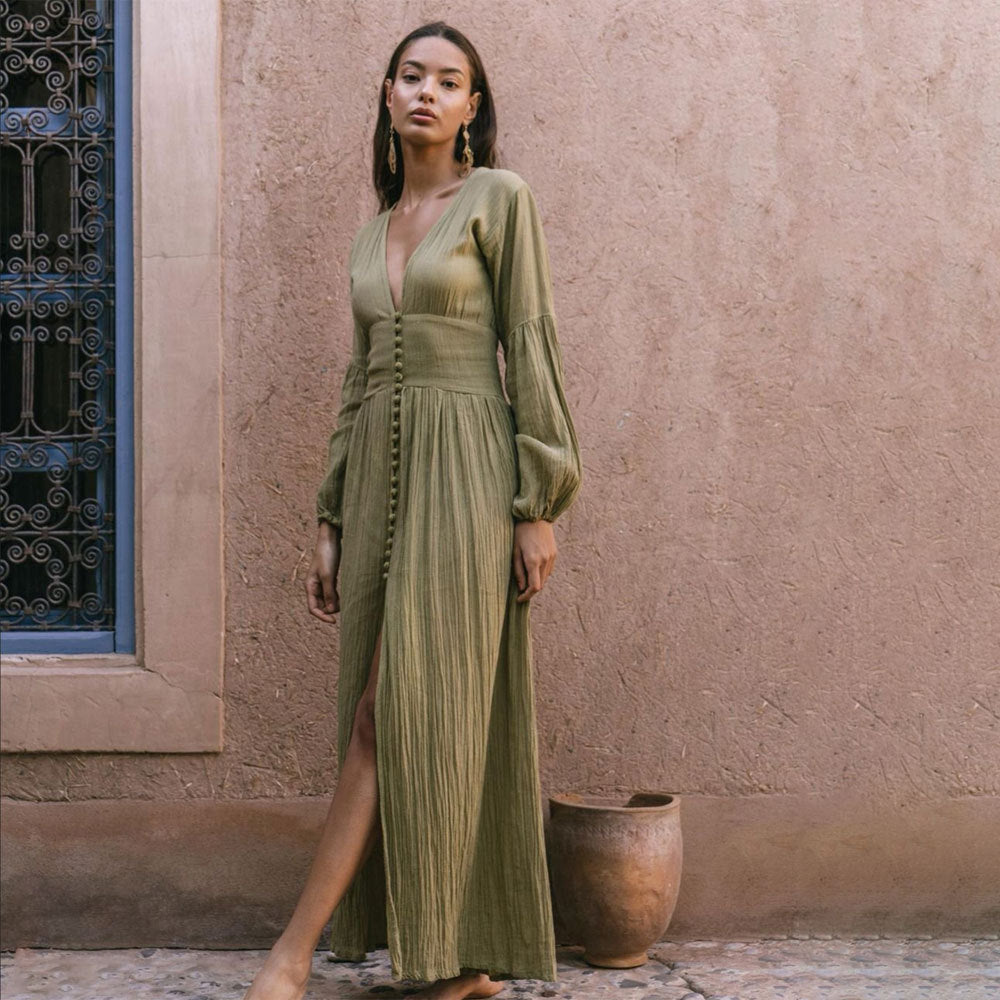 Sadie Robe Maxi Woman – Summer Dress Khaki in 100% Cotton with Buttons & Elegant Pleated Details