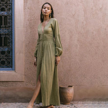 Sadie Robe Maxi Woman – Summer Dress Khaki in 100% Cotton with Buttons & Elegant Pleated Details