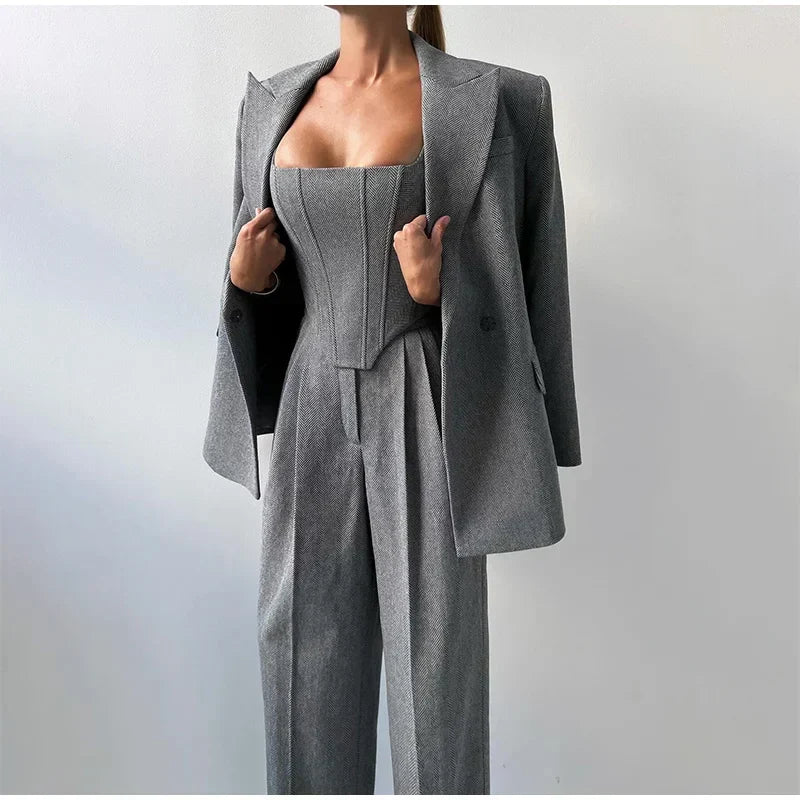 Sophie – Women's Three-Piece Set: Elegant Blazer, Structured Corset & High-Waisted Pants for a Chic Business Look