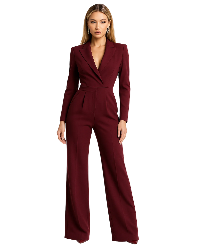 Eleyna Women's Jumpsuit Blazer Style – Deep V Neck, Wide Legs & Elegant Cut