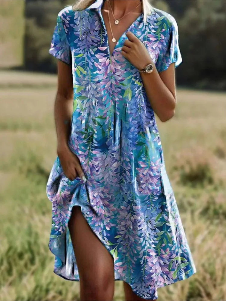 Jeanne Women's Dress – Elegant V-Neck Dress with Buttons, Flattering Cut & Timeless Floral Pattern