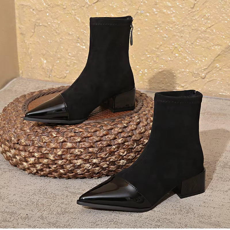 Gracia Women's Ankle Boots – Elegant Suede Boots with Patent Details & Comfortable Block Heel