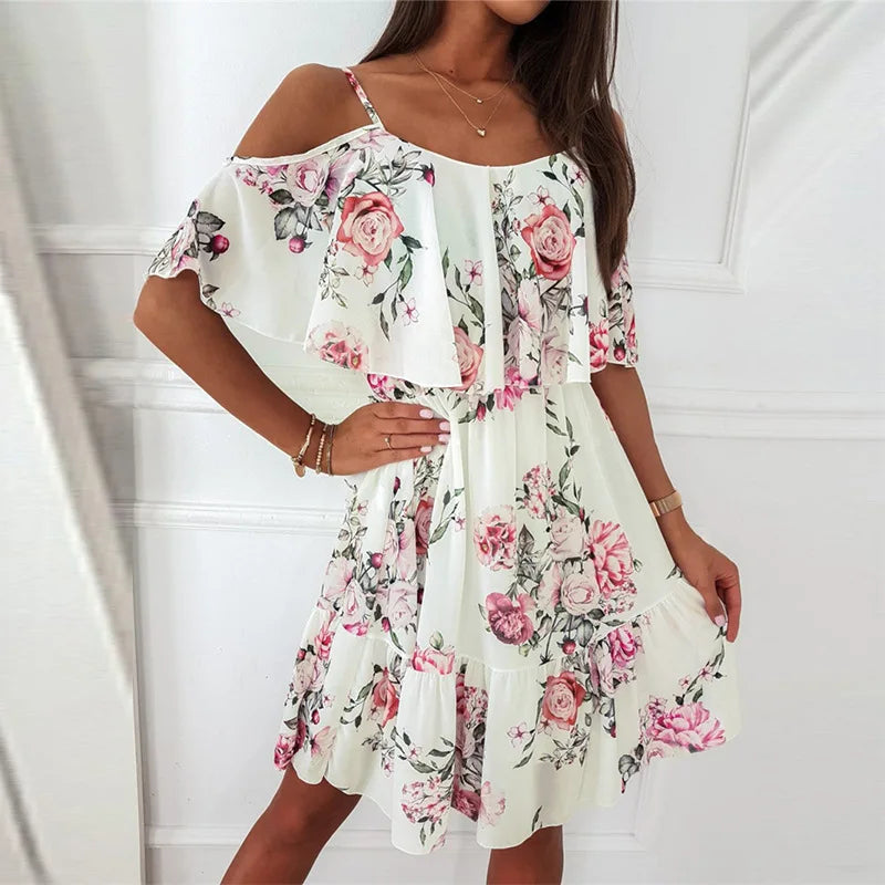 Catalina Summer Dress Women – Floral Dress with Off-Shoulder Neckline & Romantic Look